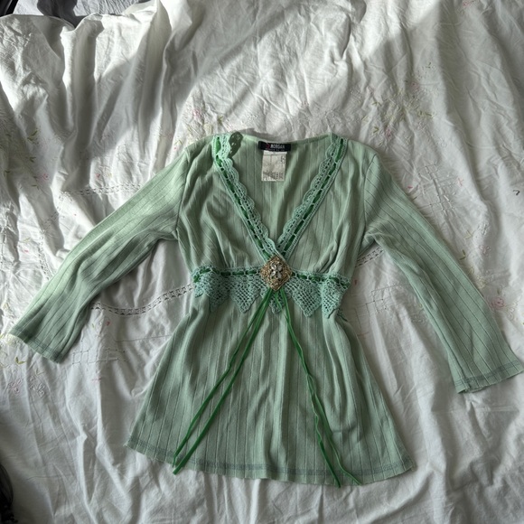 ⚠️❌SOLD❌⚠️Morgan De Toi Y2K Mint Green Lace Trim Ribbed Knit Top T1 (Fits S–L) - Picture 2 of 12